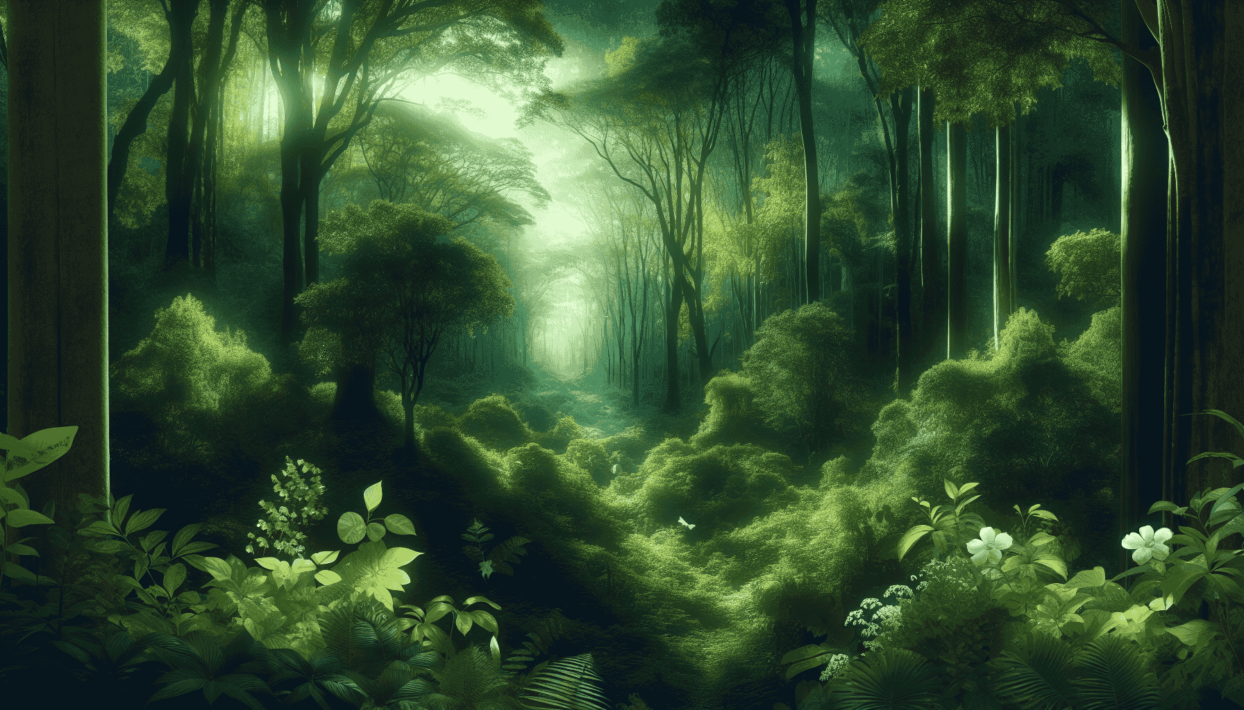 Vista escénica de un bosque verde con luz solar