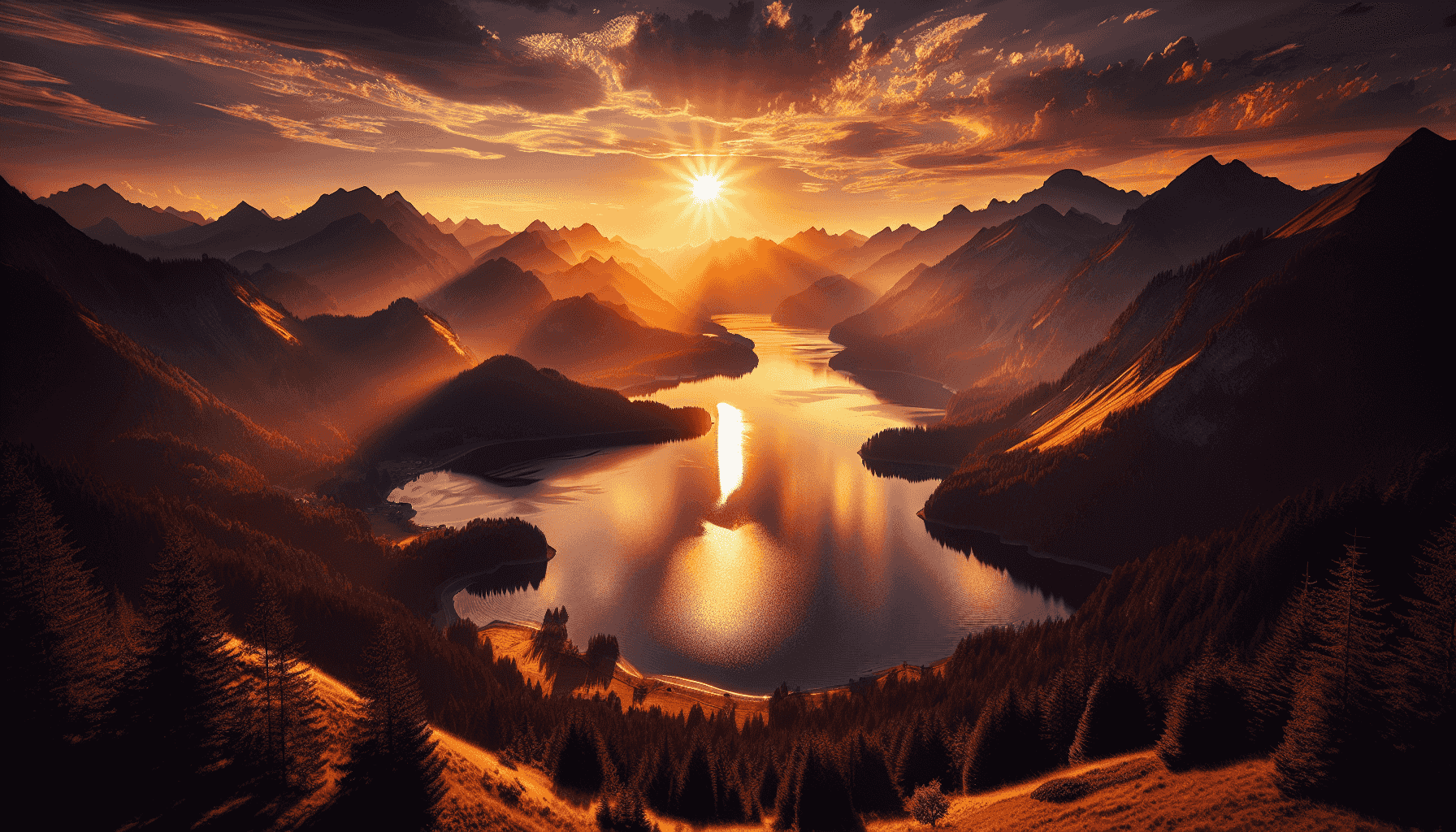 Lago sereno rodeado de montañas al atardecer